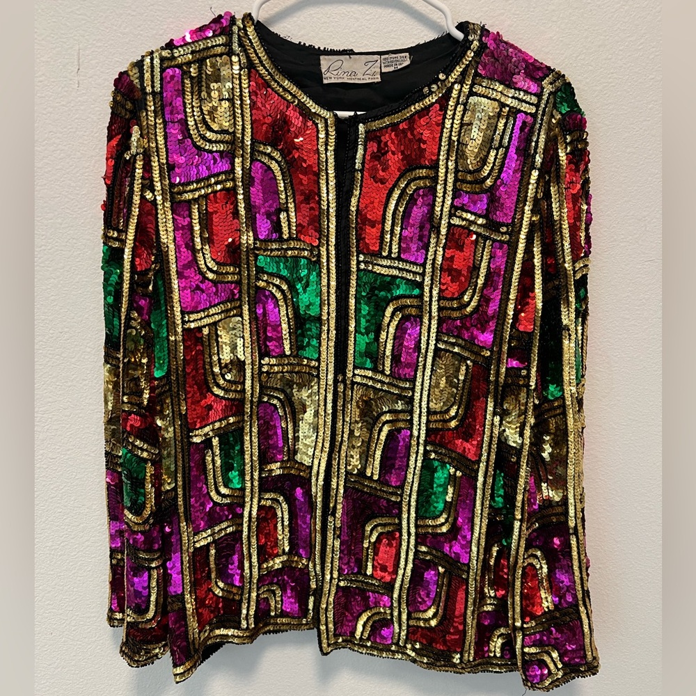 Vintage Rina Z Pure Silk Sequin Jacket Top Art Deco Glam Party Statement M